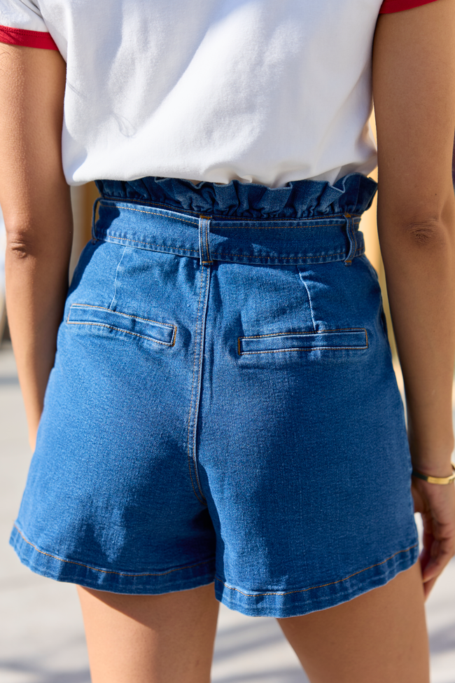 What's New Dark Wash Paperbag Waist Belted Denim Shorts FINAL SALE